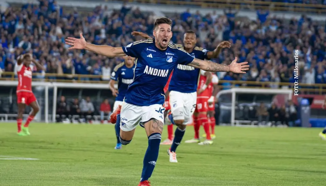 Santiago Giordana reacción al gol Millonarios Santa Fe